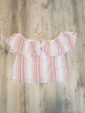 Express Off-Shoulder Ruffle Stripe Blouse - White, Pink, Coral